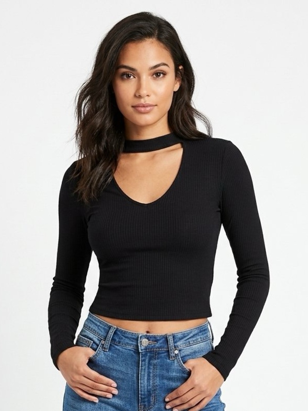 CHARLOTTE RUSSE Choker Cutout V Neck Top Black Size S Small EUC